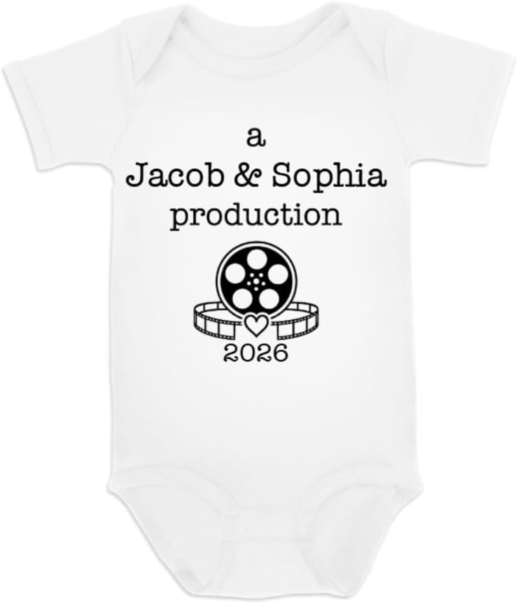 A Mom & Dad Production - Personalized Baby Onesie, Gift For New Parents | Baby Onesie With Custom Parents’ Name, Baby Boy Girl Funny Romper Infant Bodysuit 0-18 Months, Made in USA Custom Baby Romper
