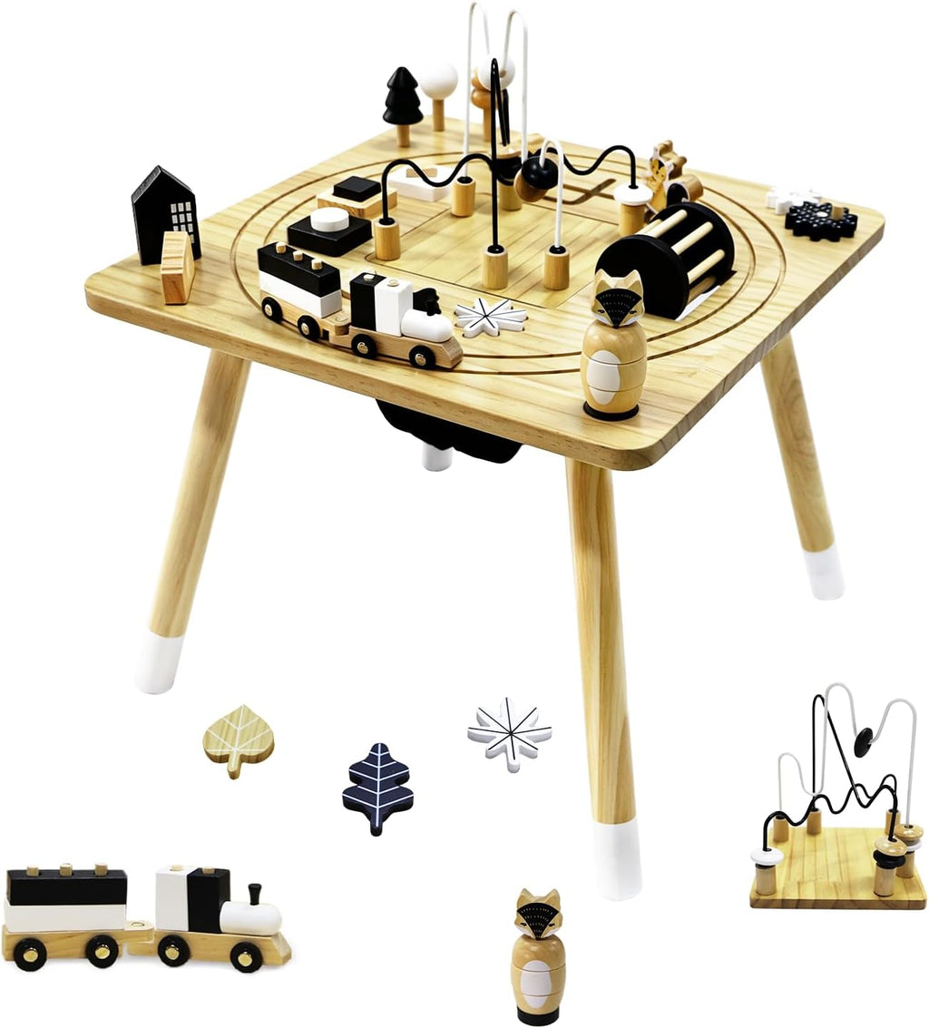 Wooden Montessori Activity Table for Toddlers 1-3, Kids Play Sensory Toy Table, Activity Center with Bead Maze, Shape Sorter, Train Track, Educational Learning Toys for Girls Boys