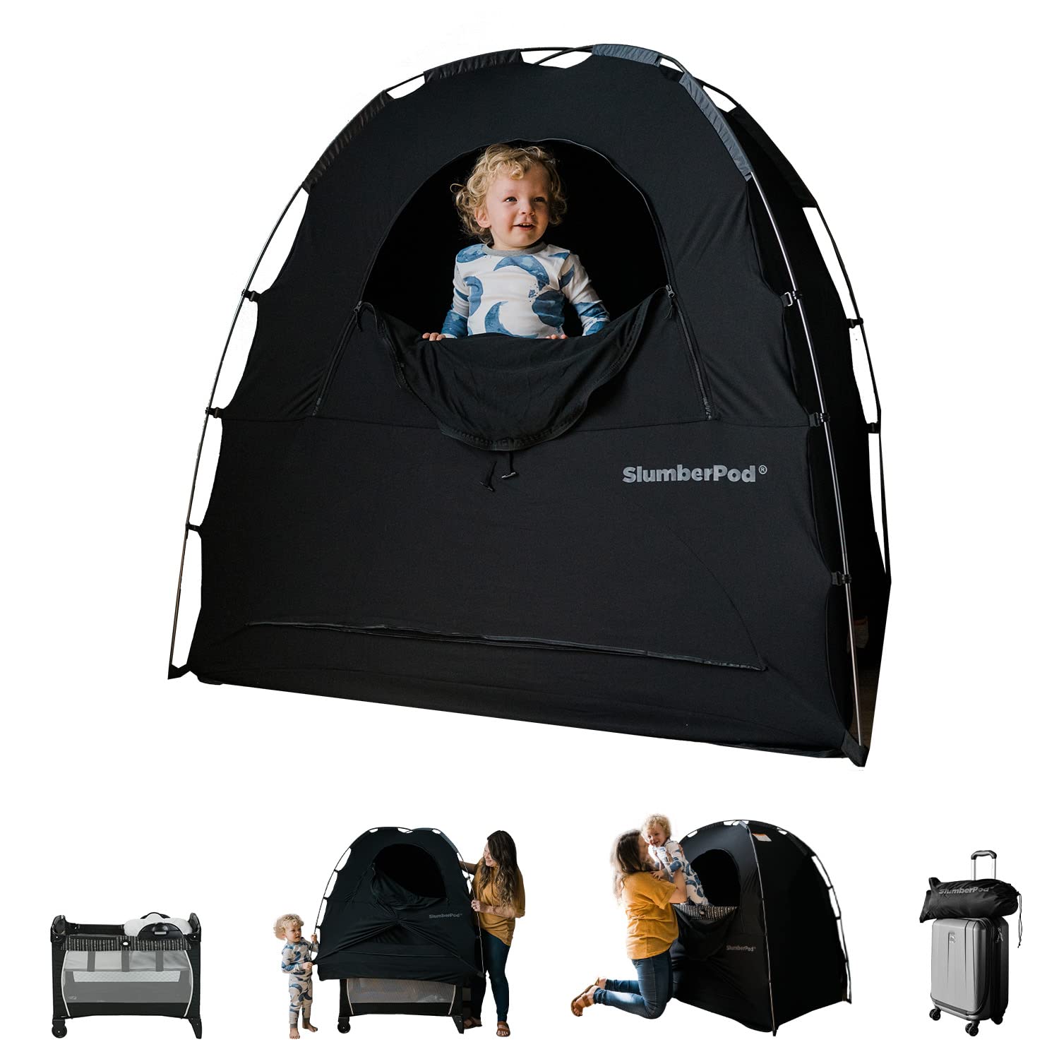 SlumberPod The Original Blackout Sleep Tent for Pack N Play & Mini Crib | Sleep Pod for Babies & Toddlers, Blocks 99% Light, Includes Monitor & Fan Pouches, Bottomless, Shark Tank Featured, Black