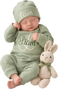 Custom Name Baby Romper Bodysuit Set Personalized Embroidery Newborn Coming Home Outfit with Hat, Soft Cotton Infant Sleepwear for Baby Shower Pregnancy Reveal