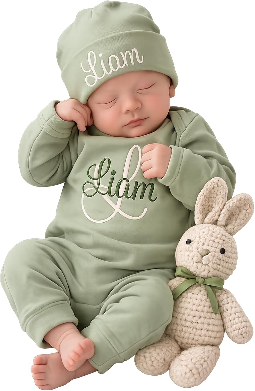 Custom Name Baby Romper Bodysuit Set Personalized Embroidery Newborn Coming Home Outfit with Hat, Soft Cotton Infant Sleepwear for Baby Shower Pregnancy Reveal