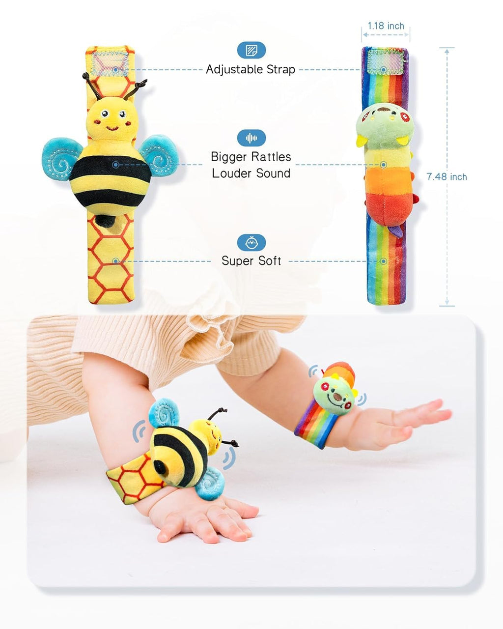 Infinno Wrist Rattles and Foot Finder Socks Set, Baby Toys for 0-12 Months | Soft crinkle textures, encourages reaching and kicking, garden bug characters, newborn shower gift, boys and girls