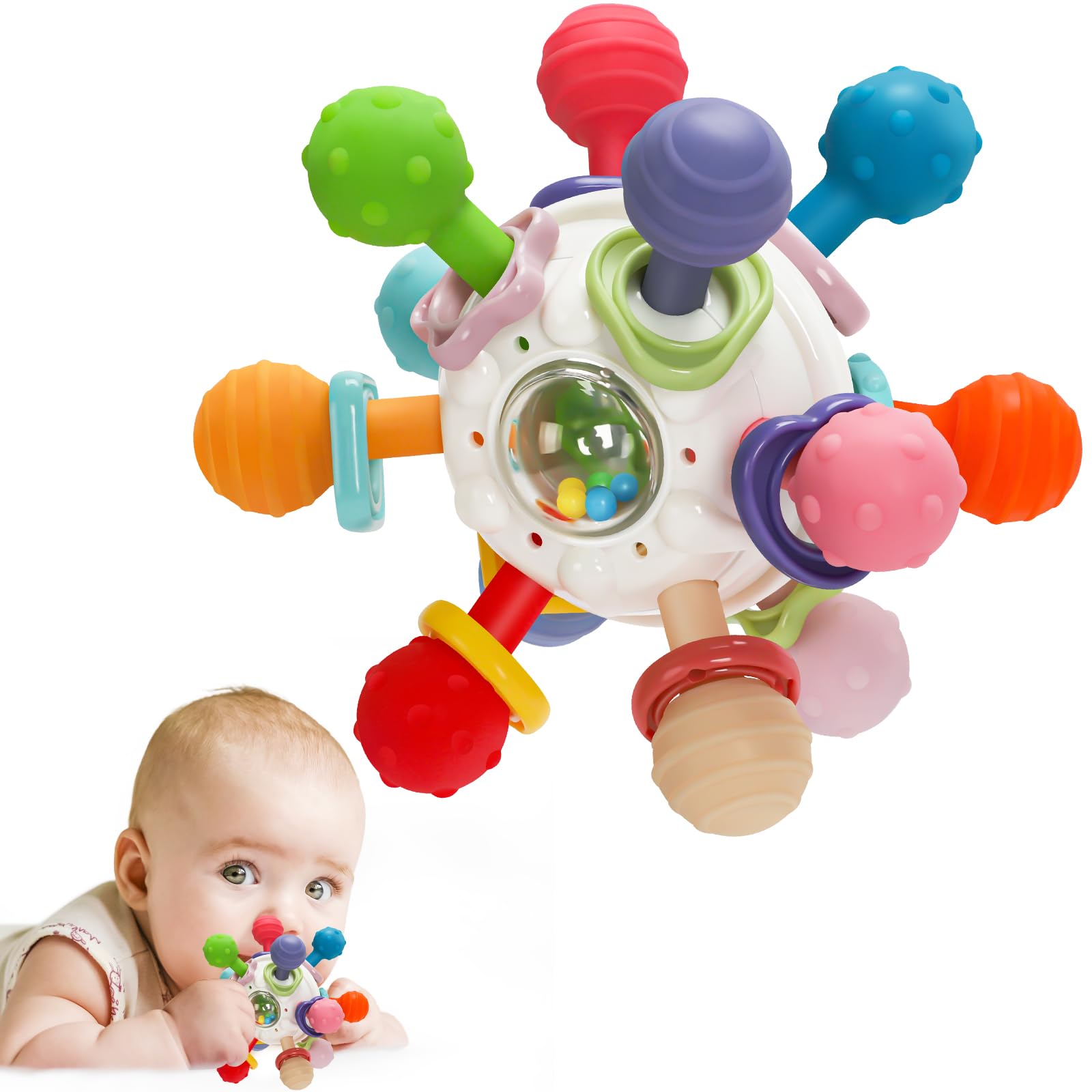 Baby Montessori Sensory Teething Toy 0-6 6-12 Months, Teether Ball & Rattle | 12 Textured Silicone Teething Ball, BPA Free, Easy to Hold, Infant Developmental Toys for 3 6 9 12 Months, Newborn Gifts