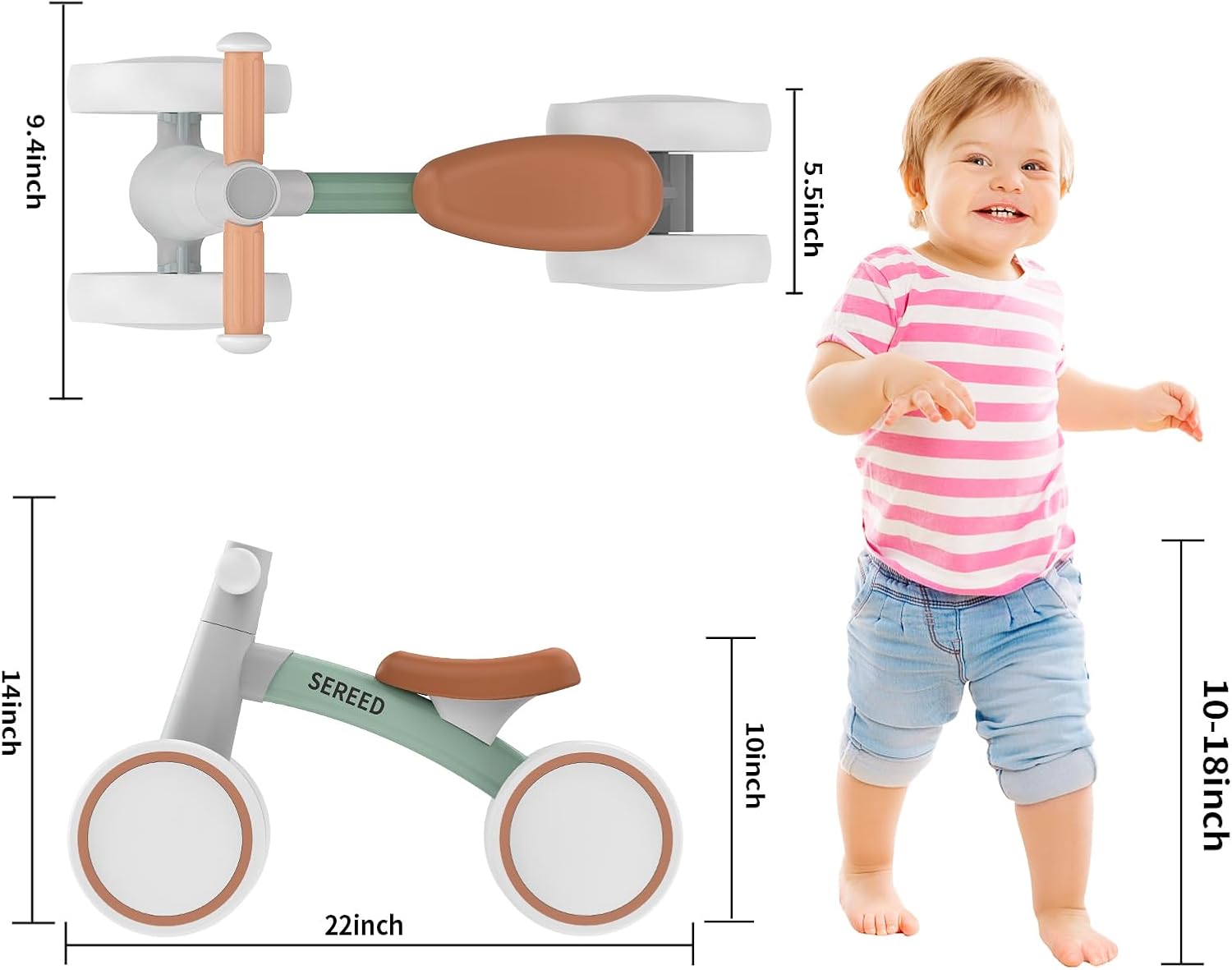 SEREED Baby Balance Bike for 1 Year Old Boy Girl, First Birthday Gift Toy | 12-24 Months Toddler Bike, First Learning Ride on Toys, 4 Silent Wheels Indoor Outdoor Baby Walker, Green