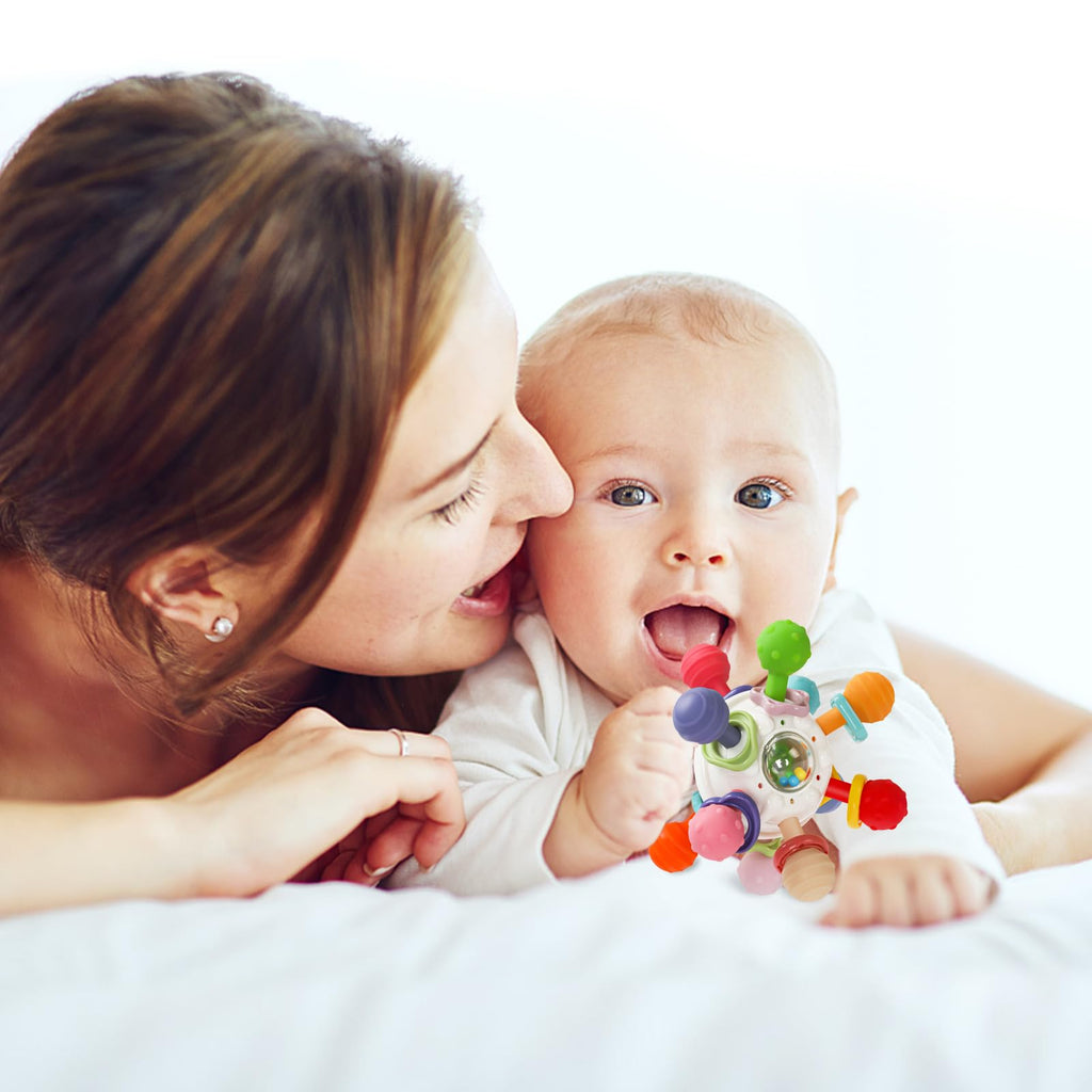 Baby Montessori Sensory Teething Toy 0-6 6-12 Months, Teether Ball & Rattle | 12 Textured Silicone Teething Ball, BPA Free, Easy to Hold, Infant Developmental Toys for 3 6 9 12 Months, Newborn Gifts