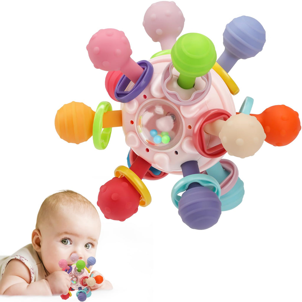 Baby Montessori Sensory Teething Toy 0-6 6-12 Months, Teether Ball & Rattle | 12 Textured Silicone Teething Ball, BPA Free, Easy to Hold, Infant Developmental Toys for 3 6 9 12 Months, Newborn Gifts