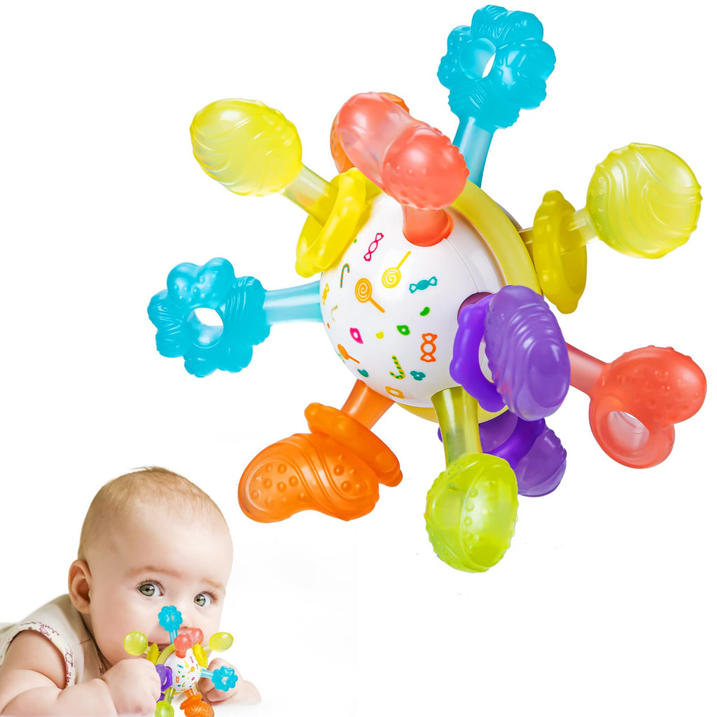 Baby Montessori Sensory Teething Toy 0-6 6-12 Months, Teether Ball & Rattle | 12 Textured Silicone Teething Ball, BPA Free, Easy to Hold, Infant Developmental Toys for 3 6 9 12 Months, Newborn Gifts