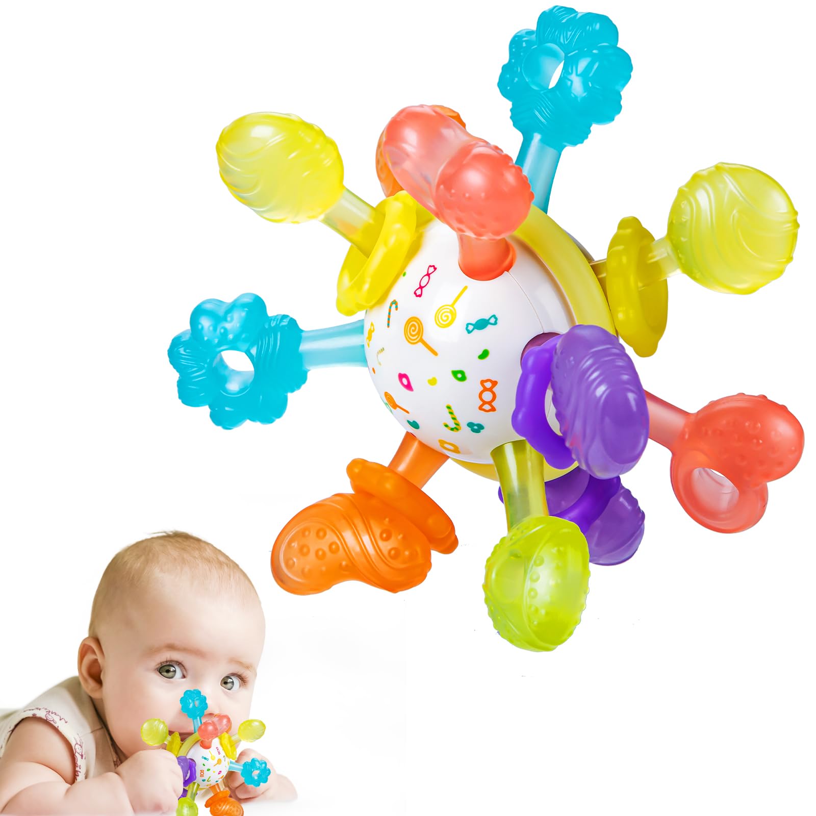 Baby Montessori Sensory Teething Toy 0-6 6-12 Months, Teether Ball & Rattle | 12 Textured Silicone Teething Ball, BPA Free, Easy to Hold, Infant Developmental Toys for 3 6 9 12 Months, Newborn Gifts
