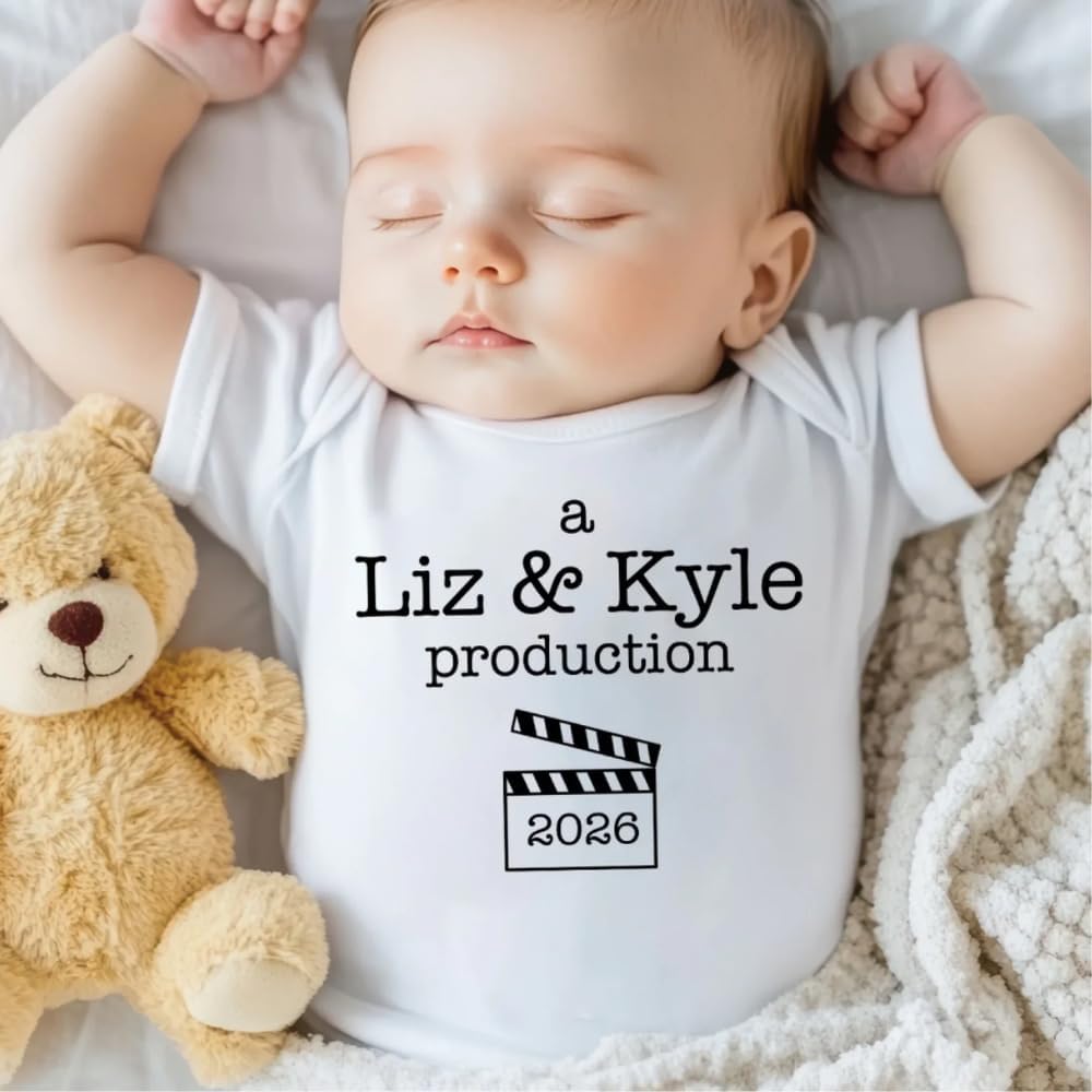 A Mom & Dad Production - Personalized Baby Onesie, Gift For New Parents | Baby Onesie With Custom Parents’ Name, Baby Boy Girl Funny Romper Infant Bodysuit 0-18 Months, Made in USA Custom Baby Romper