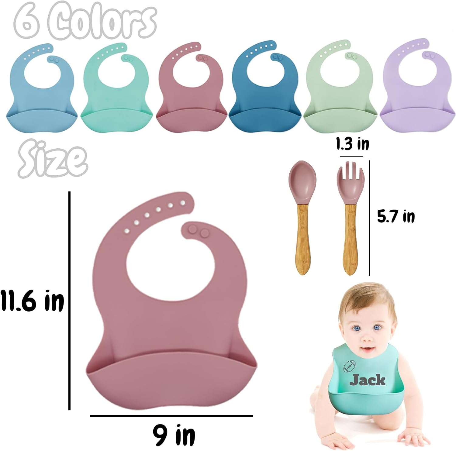 FCQIANKM Personalized Silicone Baby Bibs Spoon and Fork Set with Name Icon Custom Toddler Bibs Personalized Baby Gifts