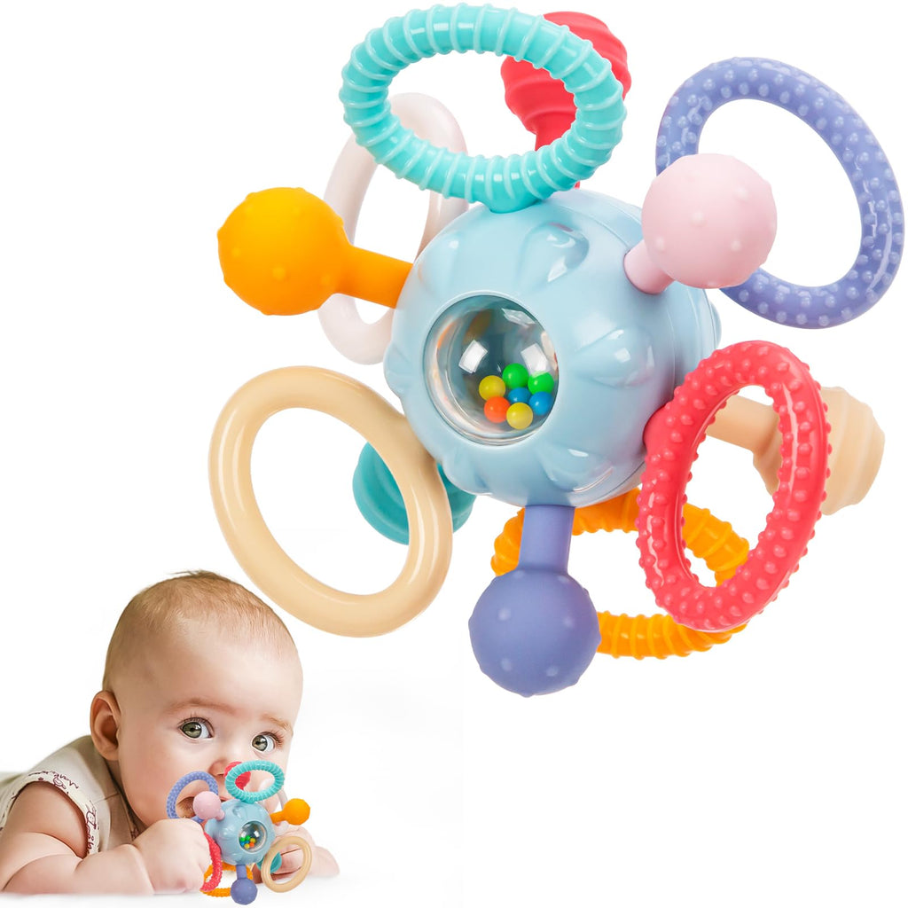 Baby Montessori Sensory Teething Toy 0-6 6-12 Months, Teether Ball & Rattle | 12 Textured Silicone Teething Ball, BPA Free, Easy to Hold, Infant Developmental Toys for 3 6 9 12 Months, Newborn Gifts