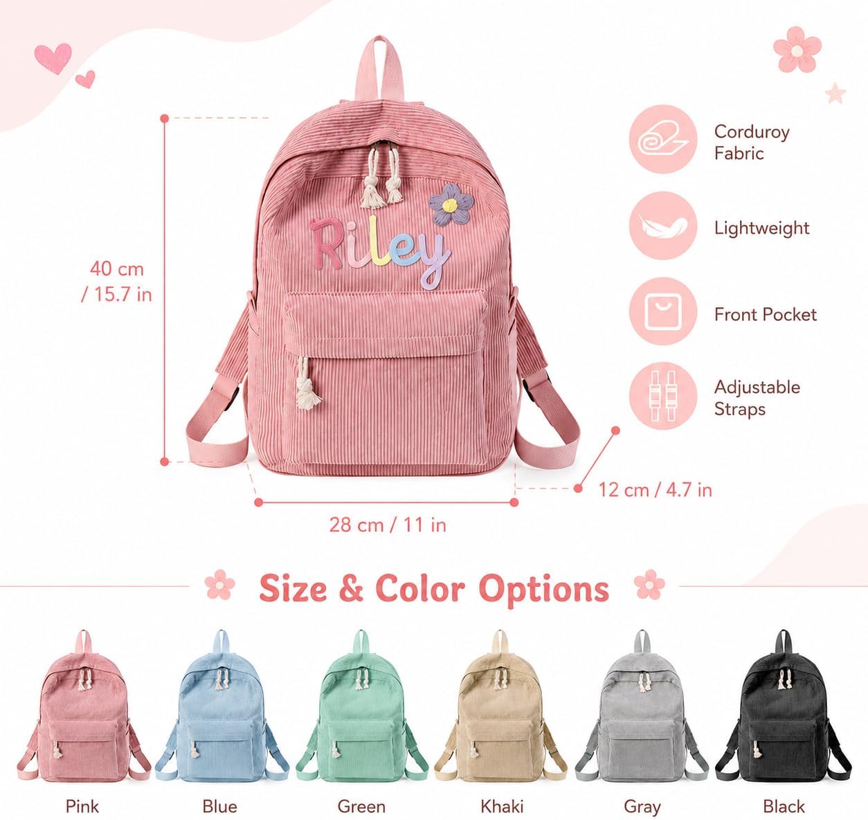 Personalized Kids Backpack, Custom Corduroy Backpack with Cotton Rope Name | Toddler Backpack for Girls Boys, Daycare Preschool Kindergarten Bag, Optional Lunch Bag & Pencil Case, Back to School Gift