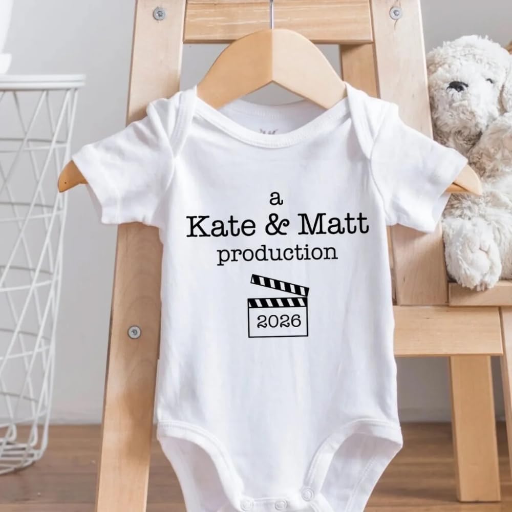 A Mom & Dad Production - Personalized Baby Onesie, Gift For New Parents | Baby Onesie With Custom Parents’ Name, Baby Boy Girl Funny Romper Infant Bodysuit 0-18 Months, Made in USA Custom Baby Romper