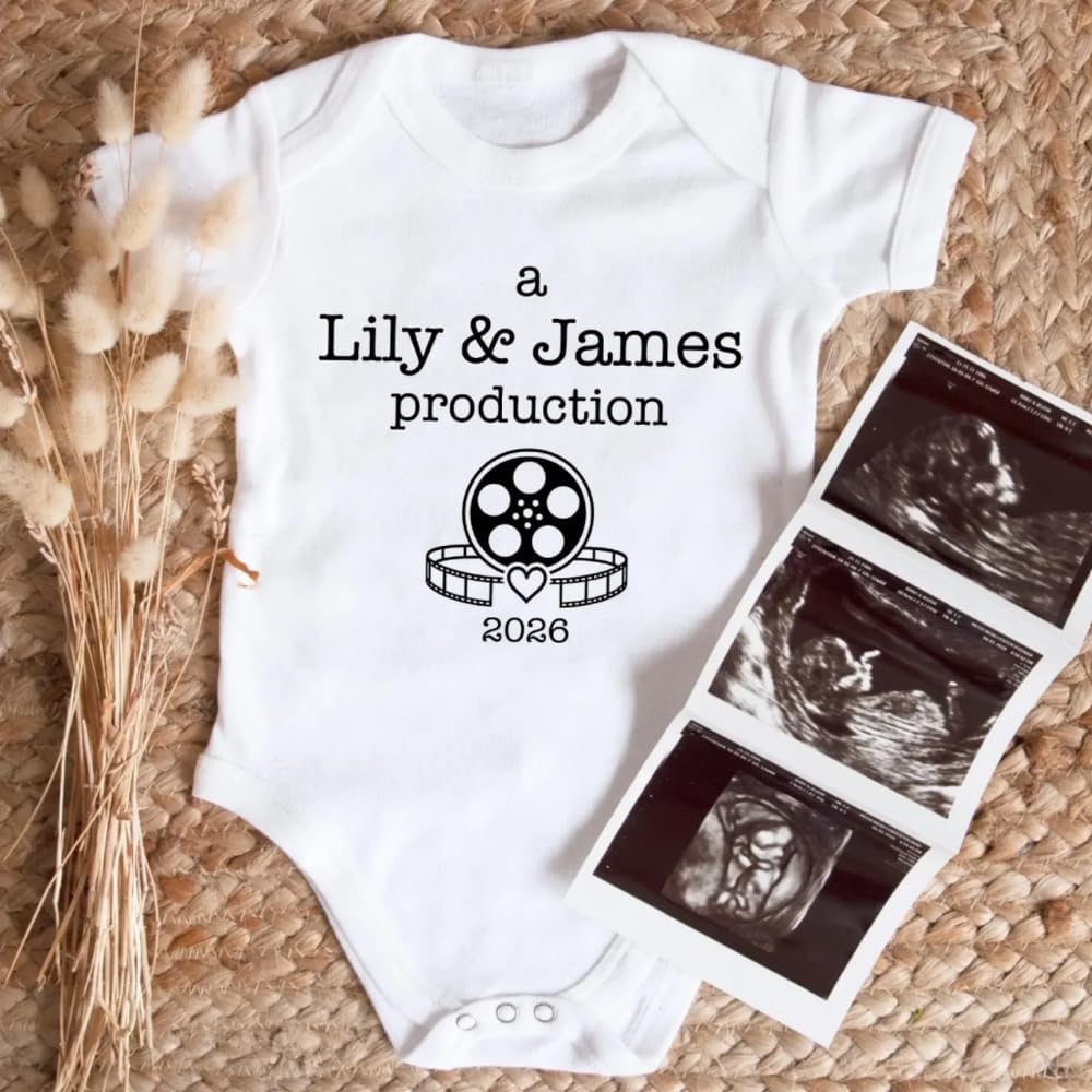 A Mom & Dad Production - Personalized Baby Onesie, Gift For New Parents | Baby Onesie With Custom Parents’ Name, Baby Boy Girl Funny Romper Infant Bodysuit 0-18 Months, Made in USA Custom Baby Romper