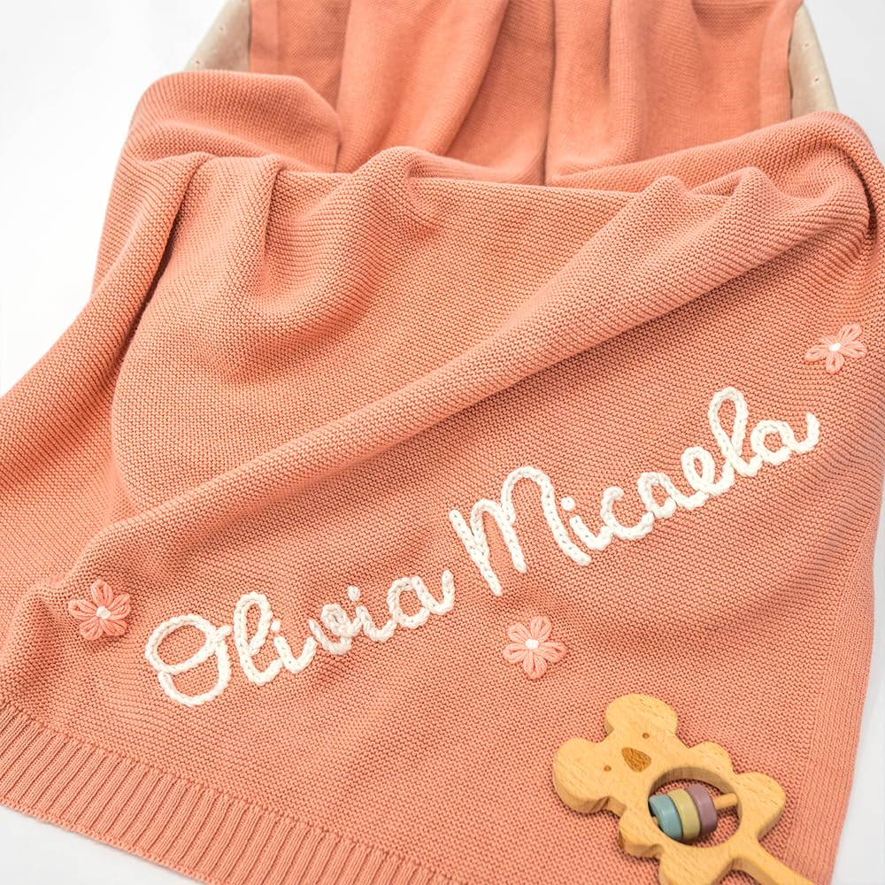 Luxury Personalized Name Baby Blanket, Hand-Embroidered Name Baby Blanket, Soft Breathable Cotton Knit Kids Blankets, Newborn Kid Gift, New Mom Gifts, Newborn Kids Girl & Boy Gift 10