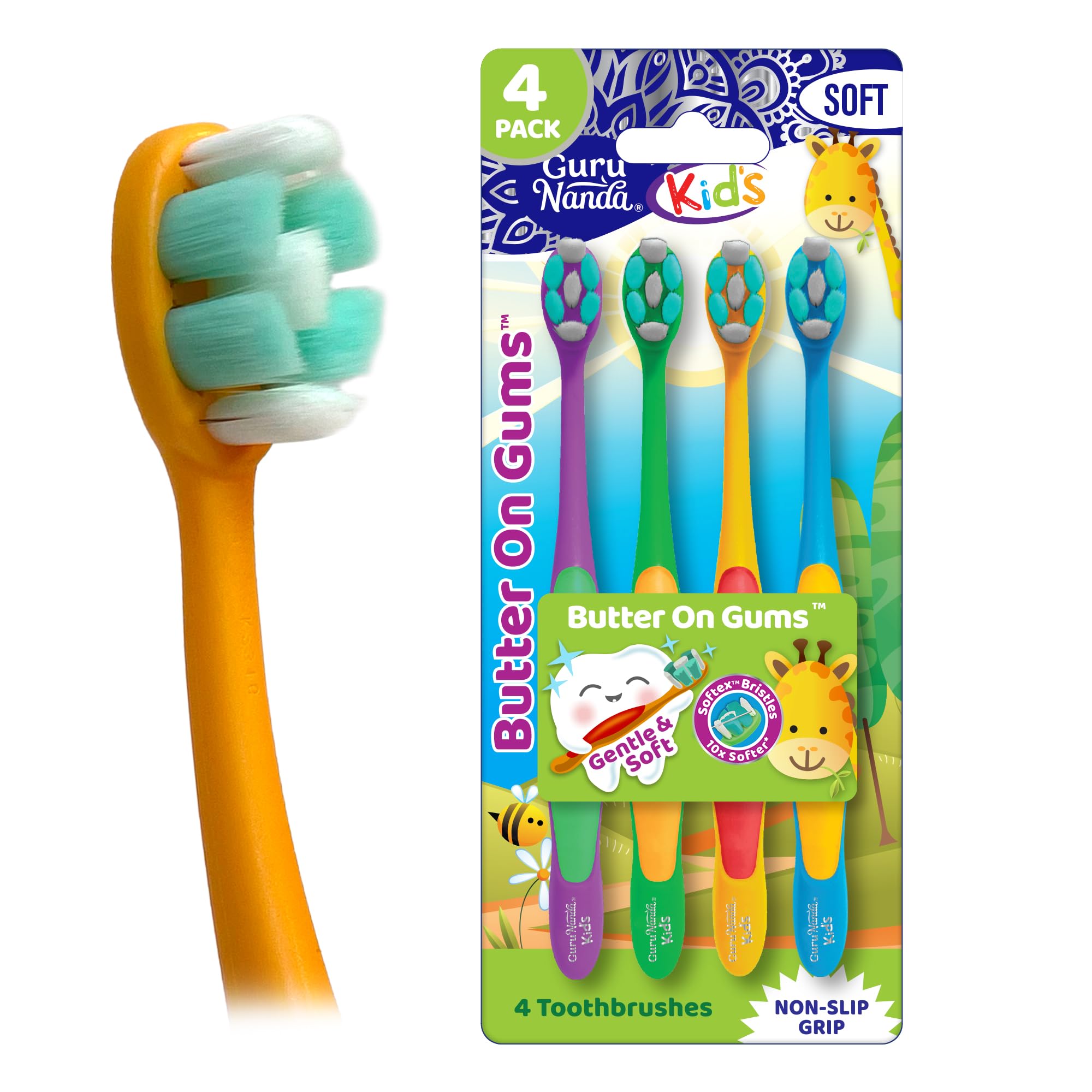 GuruNanda Kids Toothbrush with Suction Cup & Fun Animal Designs - Soft Bristles for Healthy Gums- Non-Slippery & Mess-Free Toothbrush, 3+ Age- 4 Count