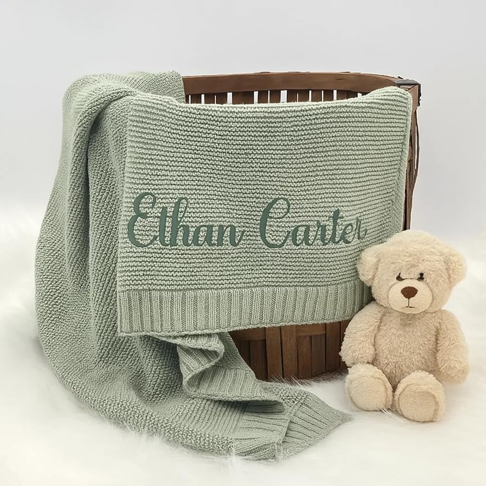 Luxury Personalized Name Baby Blanket, Hand-Embroidered Name Baby Blanket, Soft Breathable Cotton Knit Kids Blankets, Newborn Kid Gift, New Mom Gifts, Newborn Kids Girl & Boy Gift 10