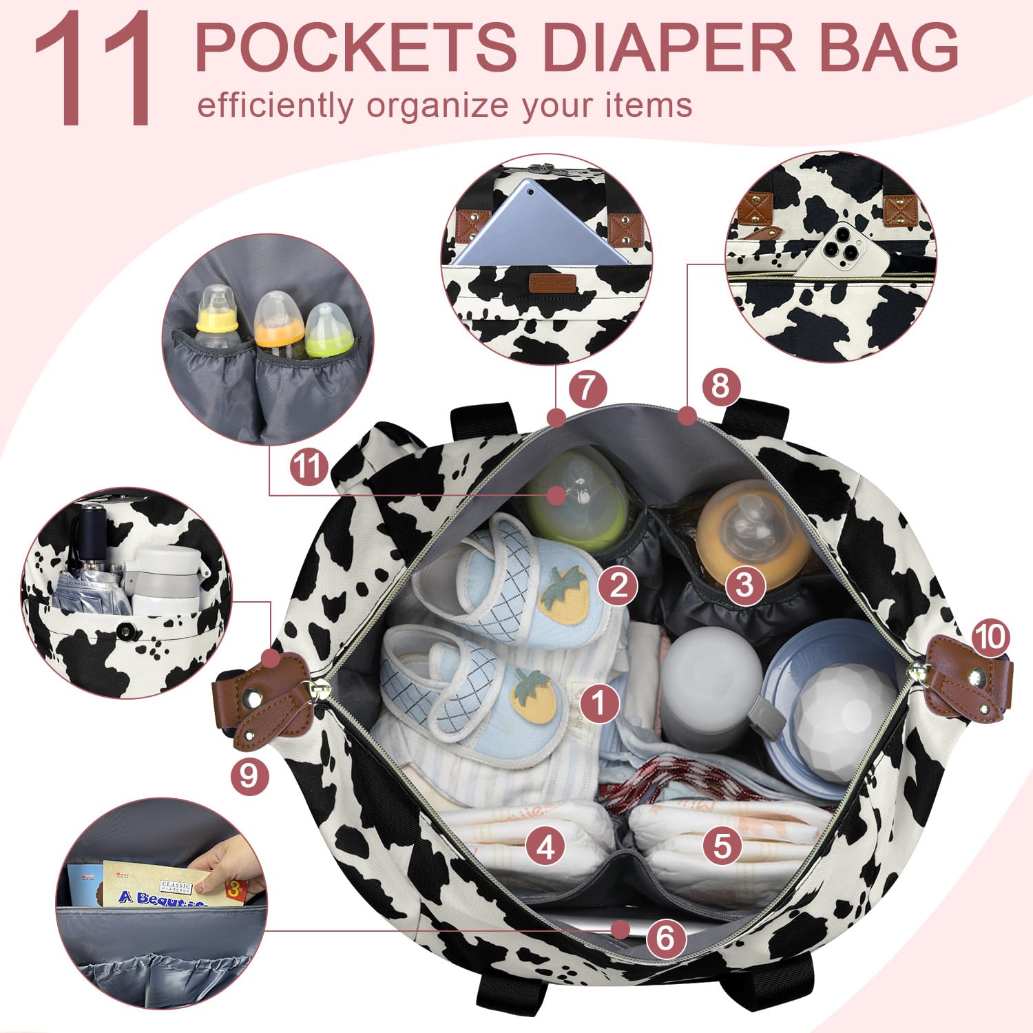 Pritent Diaper Bag Tote Waterproof Maternity Baby Bags with Pacifier Case | M-Black,Removable Shoulder Strap, Stroller Clips,Insulated Pocket,for Mom & Dad, Travel, Maternity, Labor and Delivery