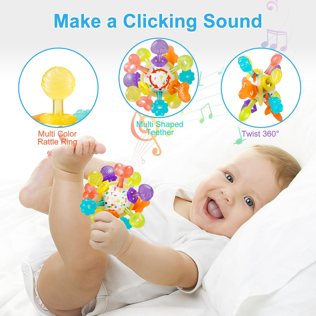 Baby Montessori Sensory Teething Toy 0-6 6-12 Months, Teether Ball & Rattle | 12 Textured Silicone Teething Ball, BPA Free, Easy to Hold, Infant Developmental Toys for 3 6 9 12 Months, Newborn Gifts