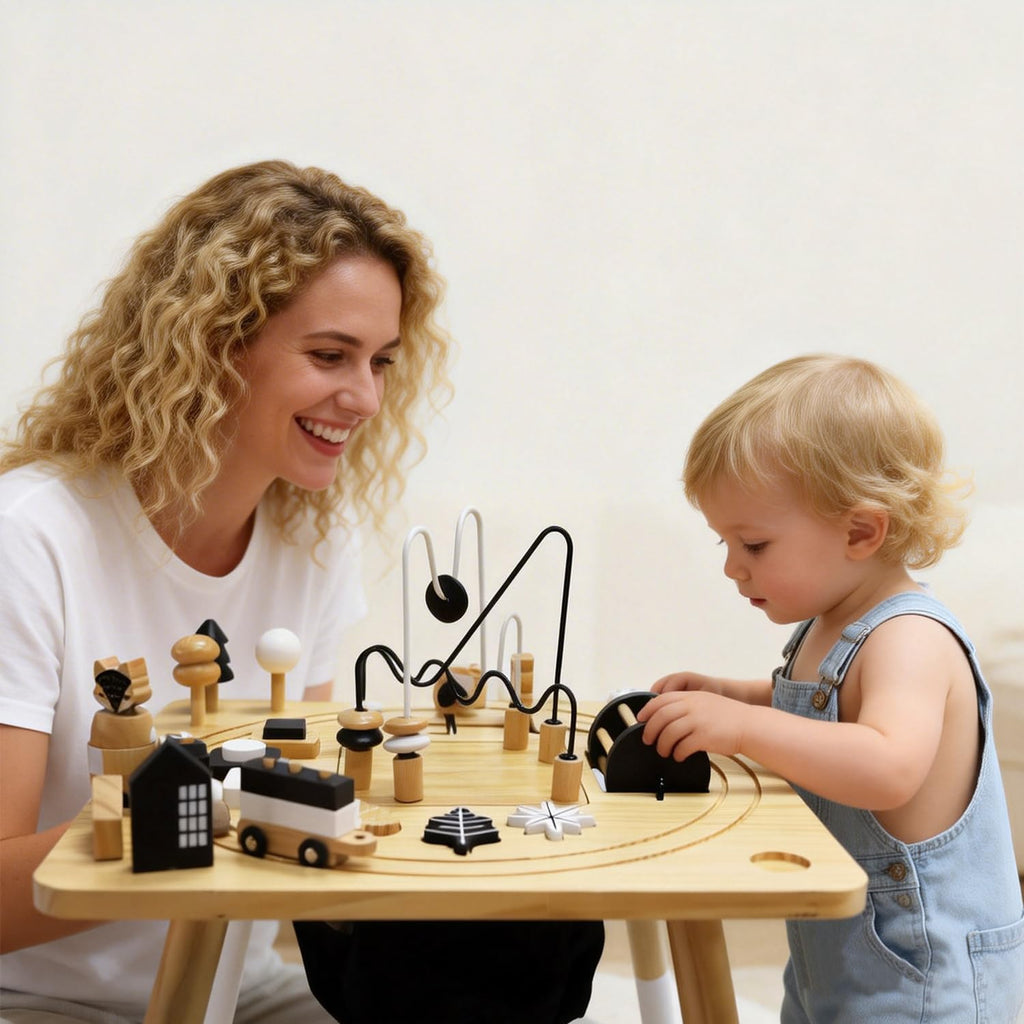 Wooden Montessori Activity Table for Toddlers 1-3, Kids Play Sensory Toy Table, Activity Center with Bead Maze, Shape Sorter, Train Track, Educational Learning Toys for Girls Boys
