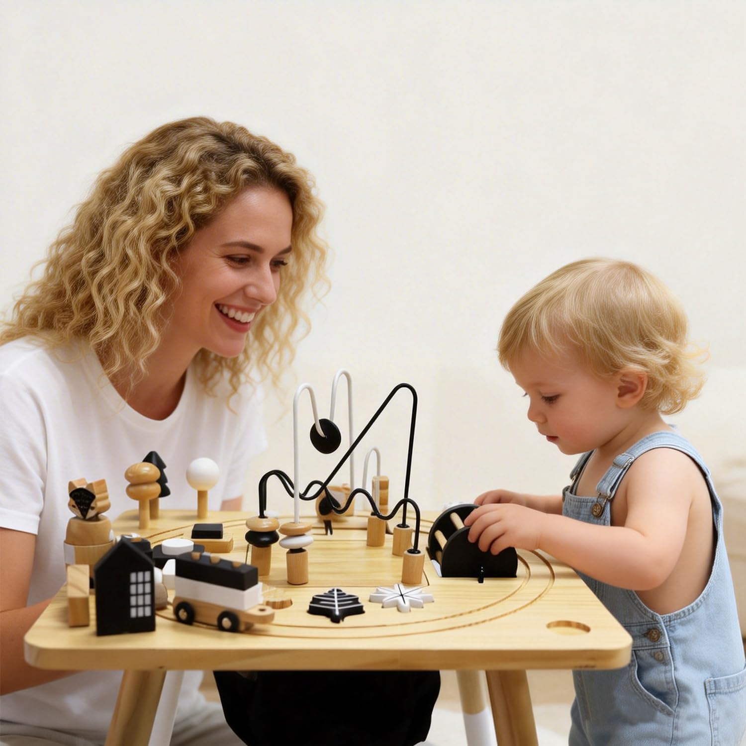 Wooden Montessori Activity Table for Toddlers 1-3, Kids Play Sensory Toy Table, Activity Center with Bead Maze, Shape Sorter, Train Track, Educational Learning Toys for Girls Boys
