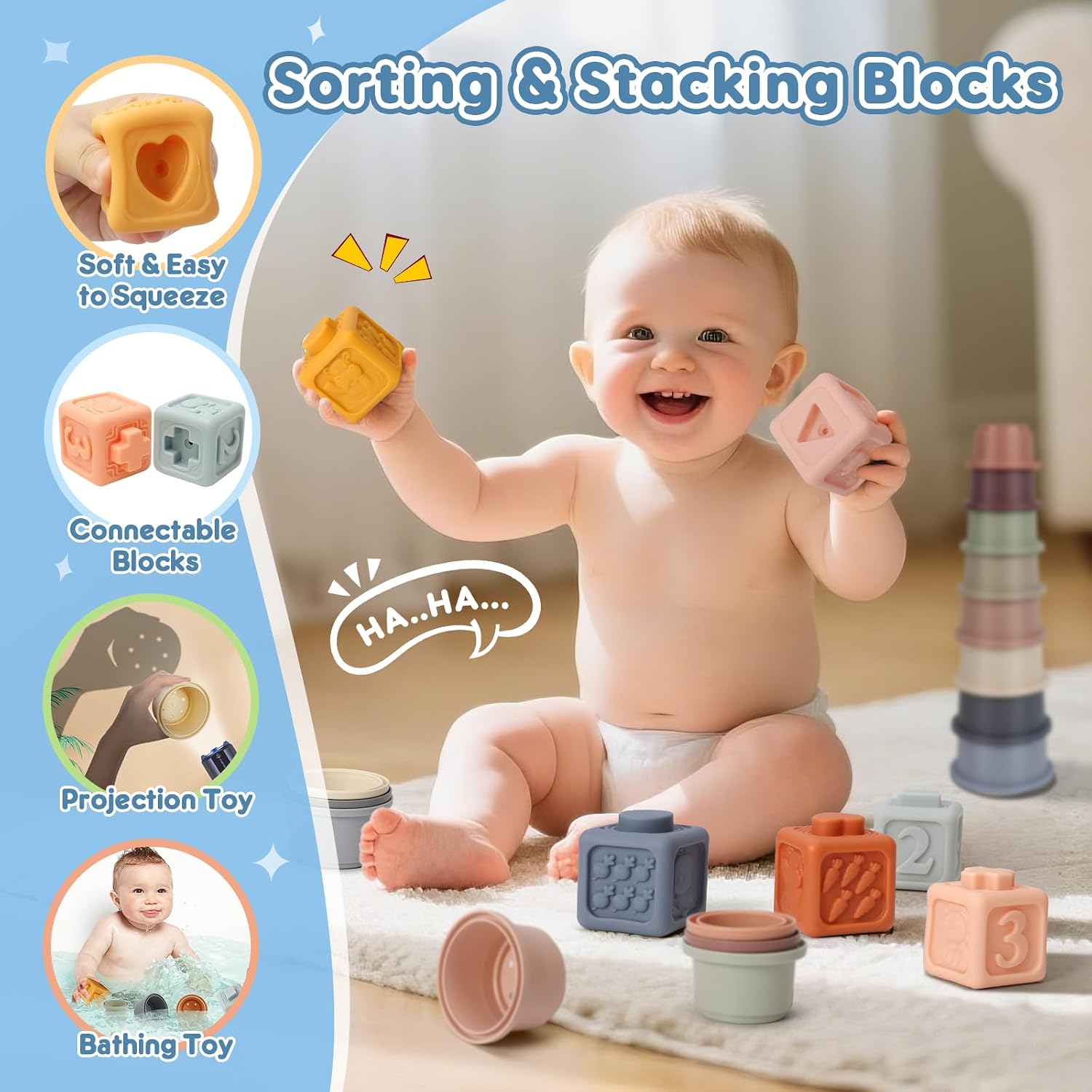 6 in 1 Montessori Baby Toys for 6-12 Months — Pull String Toy, Sensory Bin, Stacking Cups, Tissue Box, Suction Cup Spinner, Stacking Blocks, Infant Gift Set for 1-3 Year Old Boy Girls
