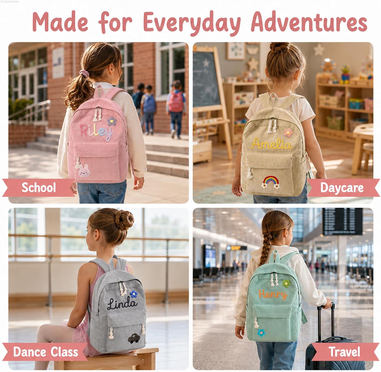 Personalized Kids Backpack, Custom Corduroy Backpack with Cotton Rope Name | Toddler Backpack for Girls Boys, Daycare Preschool Kindergarten Bag, Optional Lunch Bag & Pencil Case, Back to School Gift