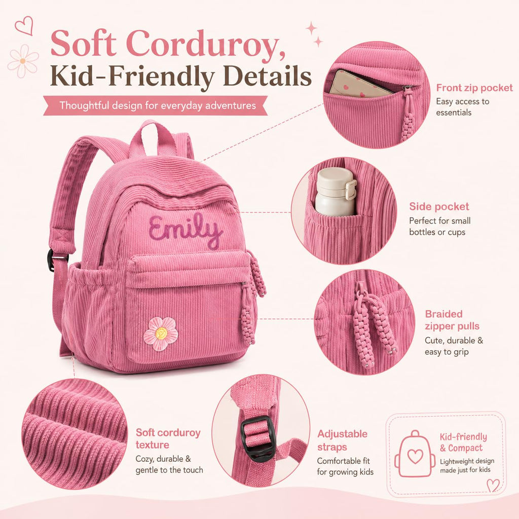 Personalized Kids Backpack, Custom Corduroy Backpack with Cotton Rope Name | Toddler Backpack for Girls Boys, Daycare Preschool Kindergarten Bag, Optional Lunch Bag & Pencil Case, Back to School Gift