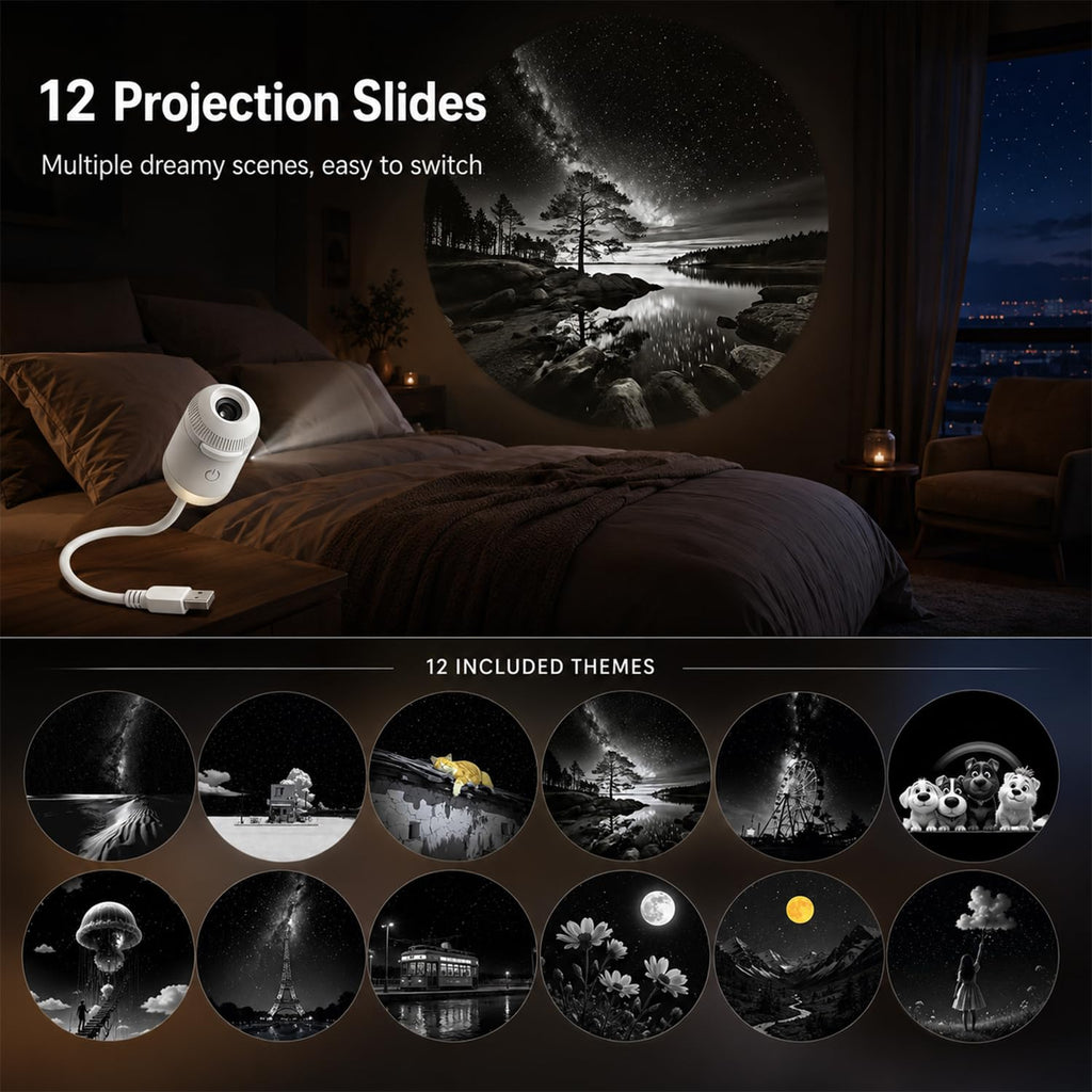 Galaxy Starry Sky Night Light Projector, 2-in-1 Portable with 12 Projection Films, 360° Adjustable Brightness Control Eye‑Caring LED Night Light for Kids Adults Bedroom Home Ceiling Car Decor Gift