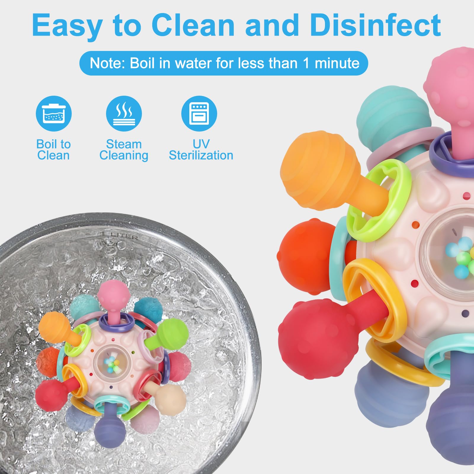 Baby Montessori Sensory Teething Toy 0-6 6-12 Months, Teether Ball & Rattle | 12 Textured Silicone Teething Ball, BPA Free, Easy to Hold, Infant Developmental Toys for 3 6 9 12 Months, Newborn Gifts