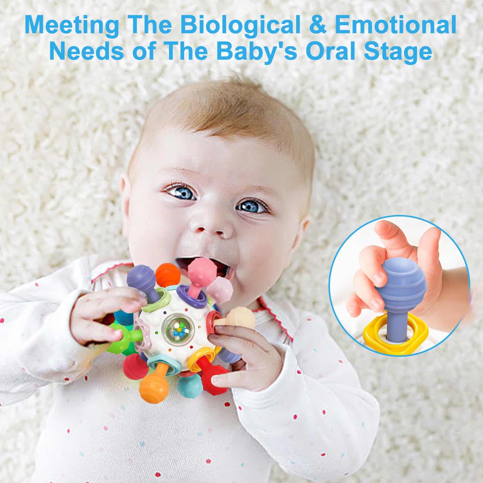 Baby Montessori Sensory Teething Toy 0-6 6-12 Months, Teether Ball & Rattle | 12 Textured Silicone Teething Ball, BPA Free, Easy to Hold, Infant Developmental Toys for 3 6 9 12 Months, Newborn Gifts