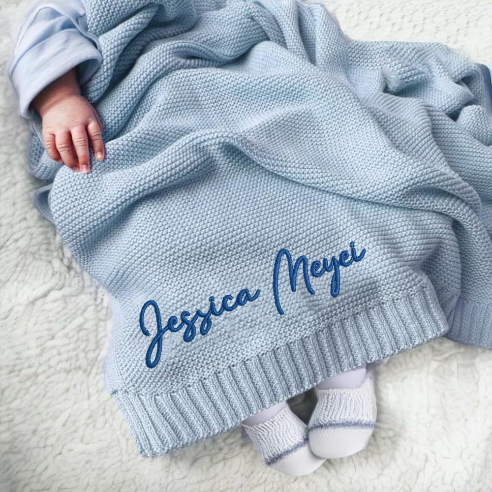 Luxury Personalized Name Baby Blanket, Hand-Embroidered Name Baby Blanket, Soft Breathable Cotton Knit Kids Blankets, Newborn Kid Gift, New Mom Gifts, Newborn Kids Girl & Boy Gift 10