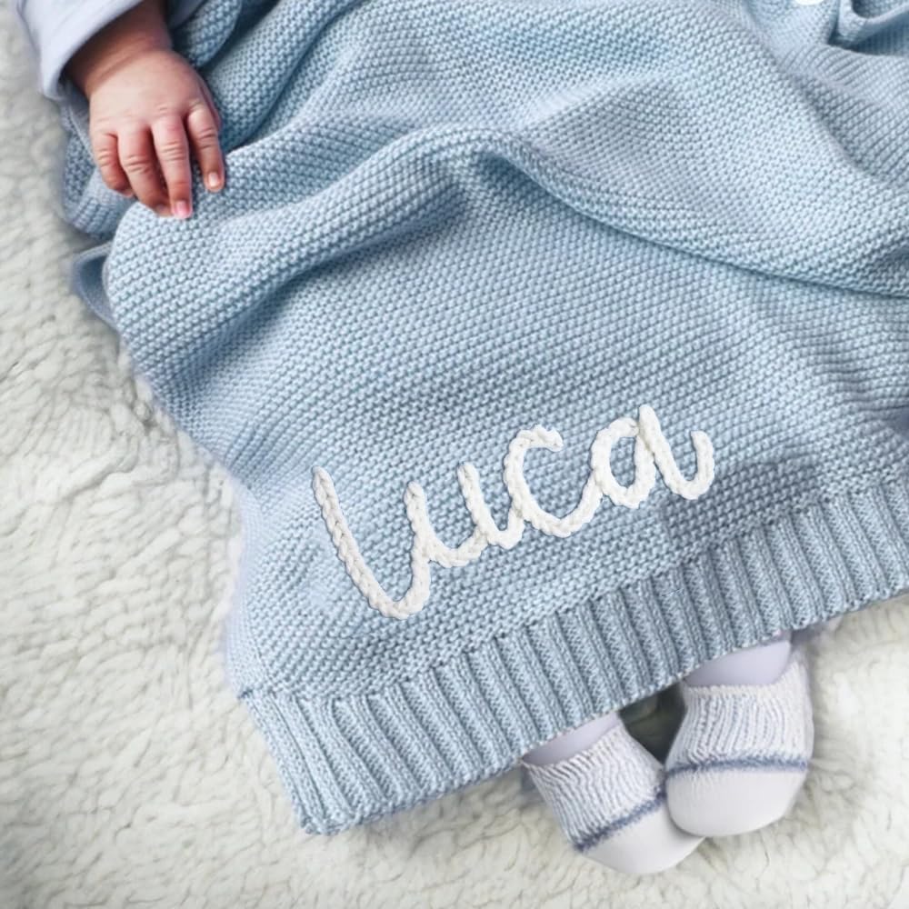 Luxury Personalized Name Baby Blanket, Hand-Embroidered Name Baby Blanket, Soft Breathable Cotton Knit Kids Blankets, Newborn Kid Gift, New Mom Gifts, Newborn Kids Girl & Boy Gift 10