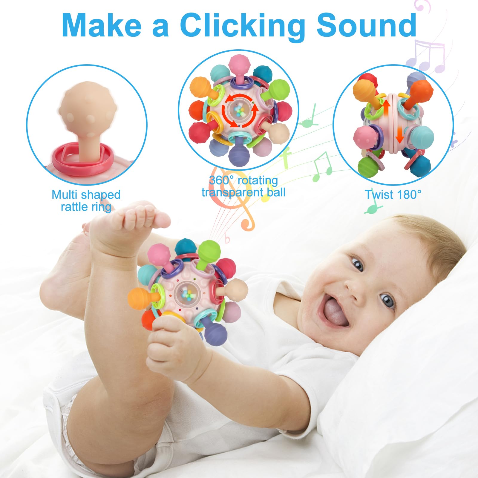 Baby Montessori Sensory Teething Toy 0-6 6-12 Months, Teether Ball & Rattle | 12 Textured Silicone Teething Ball, BPA Free, Easy to Hold, Infant Developmental Toys for 3 6 9 12 Months, Newborn Gifts