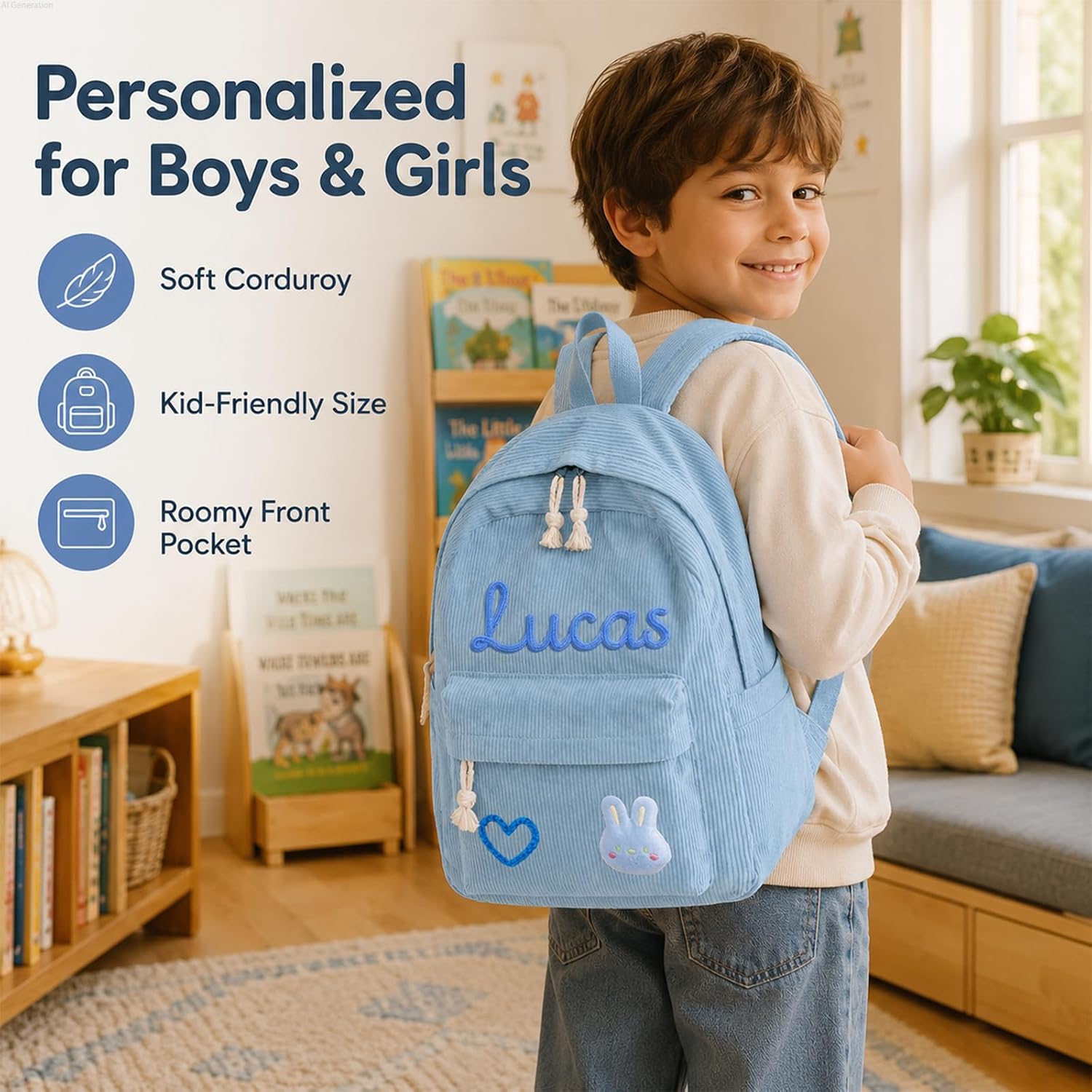 Personalized Kids Backpack, Custom Corduroy Backpack with Cotton Rope Name | Toddler Backpack for Girls Boys, Daycare Preschool Kindergarten Bag, Optional Lunch Bag & Pencil Case, Back to School Gift