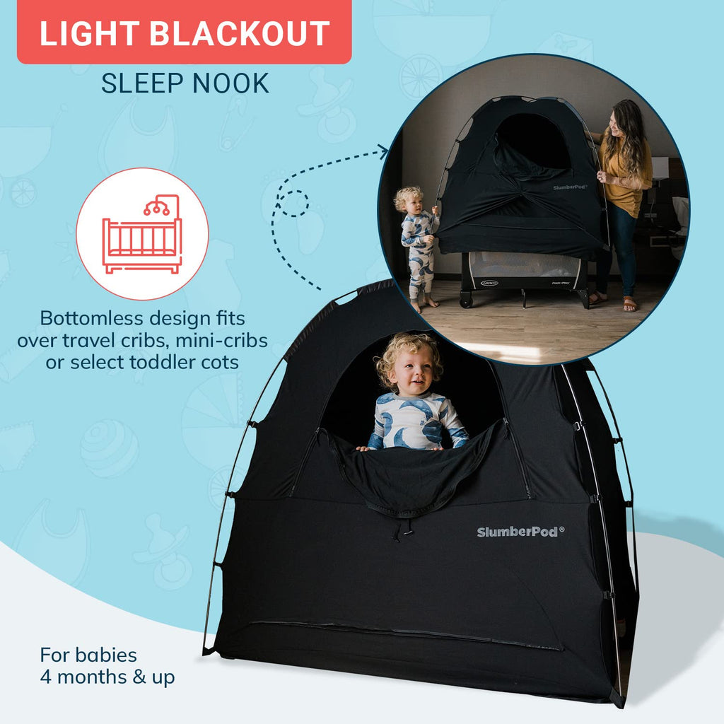 SlumberPod The Original Blackout Sleep Tent for Pack N Play & Mini Crib | Sleep Pod for Babies & Toddlers, Blocks 99% Light, Includes Monitor & Fan Pouches, Bottomless, Shark Tank Featured, Black