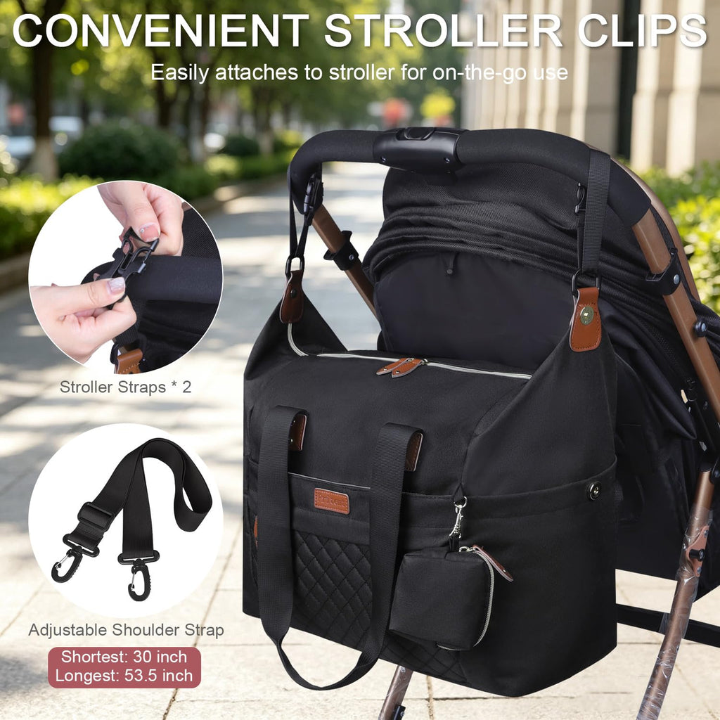 Pritent Diaper Bag Tote Waterproof Maternity Baby Bags with Pacifier Case | M-Black,Removable Shoulder Strap, Stroller Clips,Insulated Pocket,for Mom & Dad, Travel, Maternity, Labor and Delivery