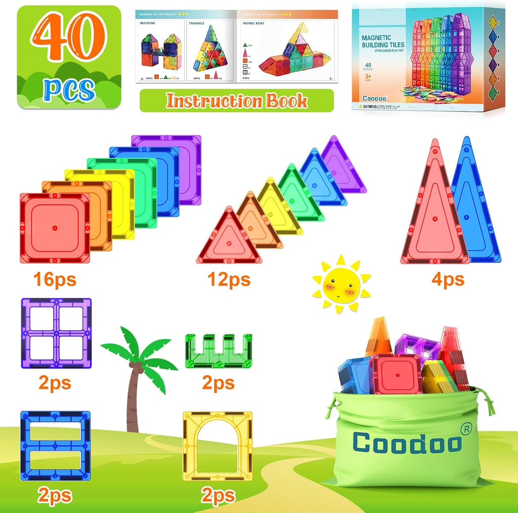 Coodoo Magnetic Tiles Kids Toys STEM Magnet Toy for Toddler Magnetic Blocks Building Preschool Learning Sensory Montessori Toys for 3+ Year Old Boys and Girls, Safe Creativity Toddler Kids Toy 40PCS