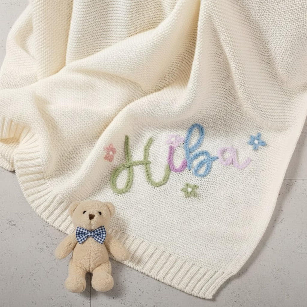 Luxury Personalized Name Baby Blanket, Hand-Embroidered Name Baby Blanket, Soft Breathable Cotton Knit Kids Blankets, Newborn Kid Gift, New Mom Gifts, Newborn Kids Girl & Boy Gift 10