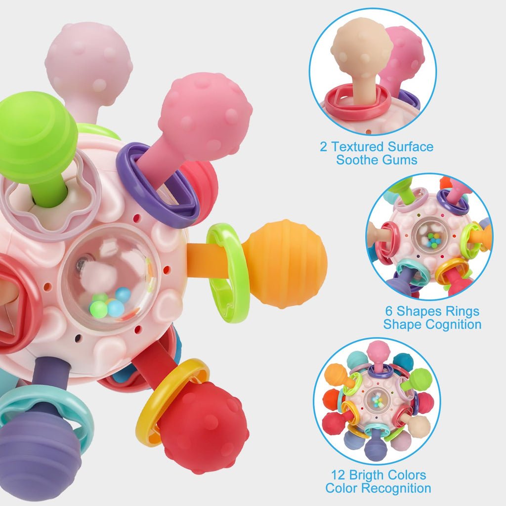 Baby Montessori Sensory Teething Toy 0-6 6-12 Months, Teether Ball & Rattle | 12 Textured Silicone Teething Ball, BPA Free, Easy to Hold, Infant Developmental Toys for 3 6 9 12 Months, Newborn Gifts