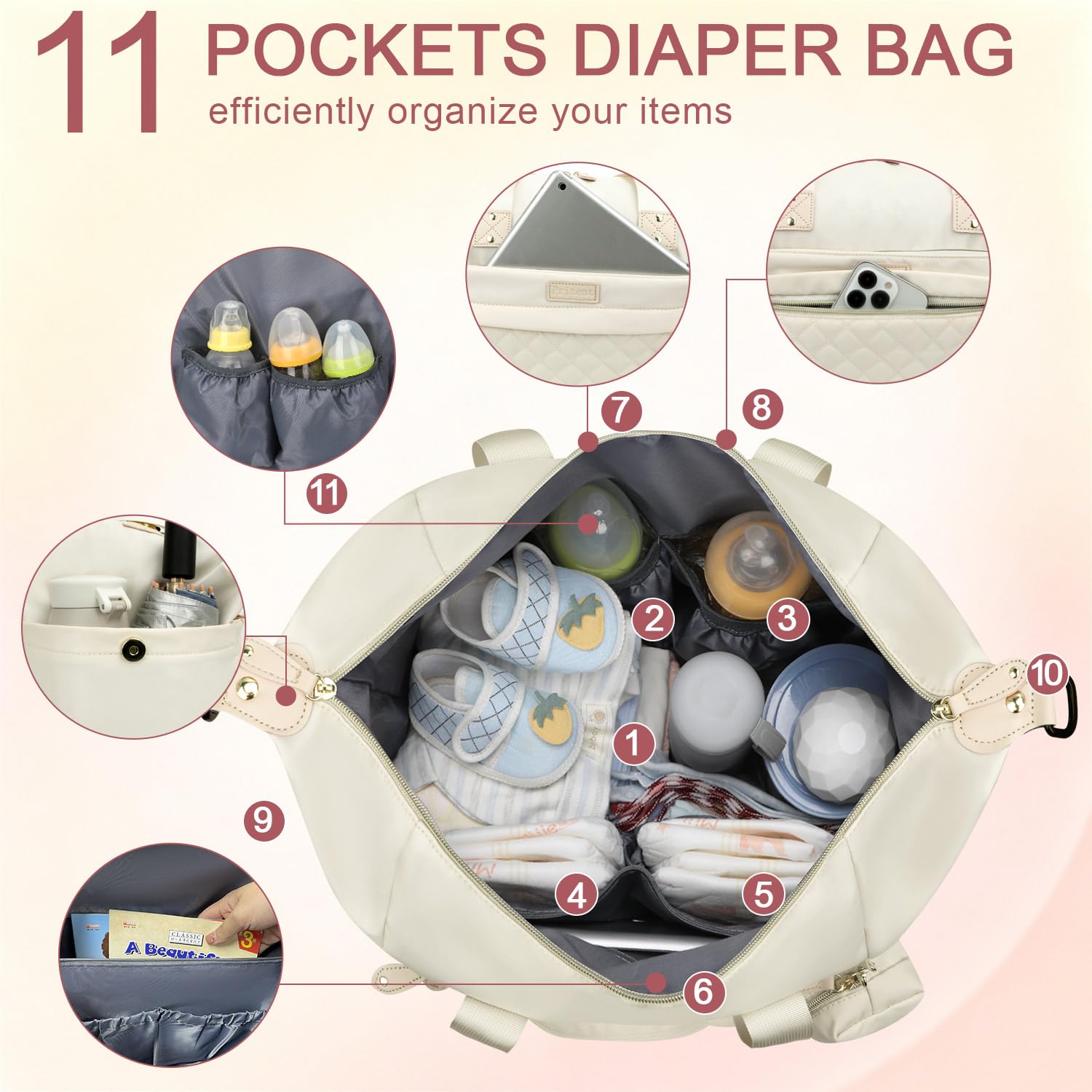 Pritent Diaper Bag Tote Waterproof Maternity Baby Bags with Pacifier Case | M-Black,Removable Shoulder Strap, Stroller Clips,Insulated Pocket,for Mom & Dad, Travel, Maternity, Labor and Delivery