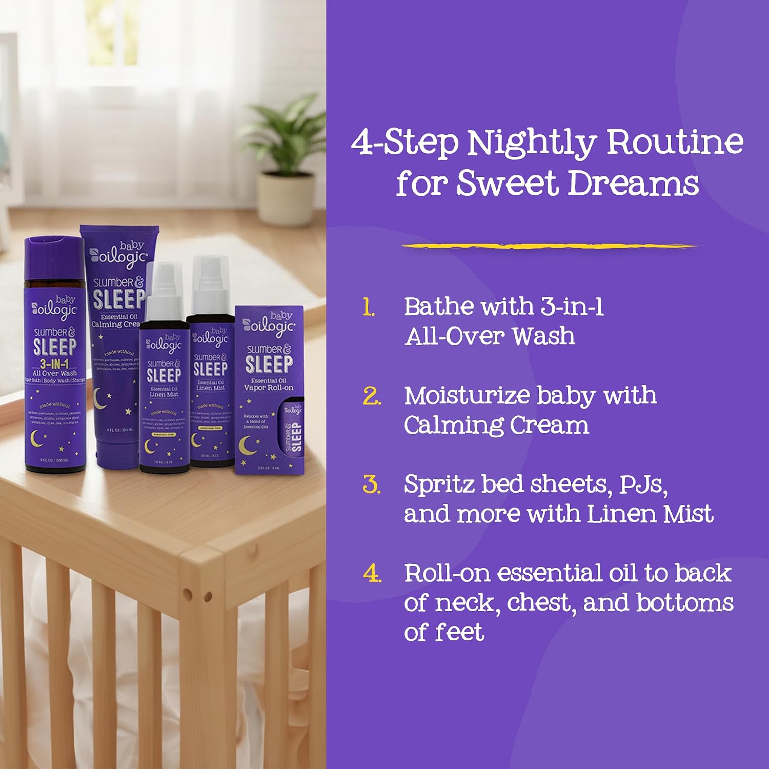 Oilogic Slumber & Sleep Bath Baby Essentials Gift Set - Baby Care Products | Gentle All Over Wash, Calming Cream, Sleep Spray & Roll-On Essential Oils - Pediatrician-Tested for Baby Sleep & Comfort