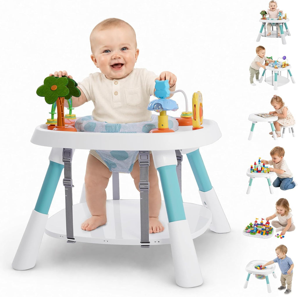 6-in-1 Baby Activity Center Stationary Standing Activity Table Light White | Grows 6-12-36M! 4-Stage Montessori Secure-Snap Toys & Hidden Storage. Enjoy 20-min Coffee Time While Toddler Plays Safely.
