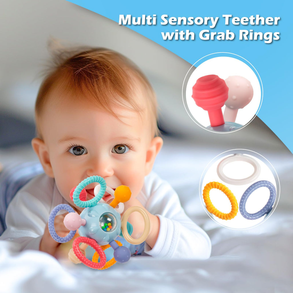 Baby Montessori Sensory Teething Toy 0-6 6-12 Months, Teether Ball & Rattle | 12 Textured Silicone Teething Ball, BPA Free, Easy to Hold, Infant Developmental Toys for 3 6 9 12 Months, Newborn Gifts