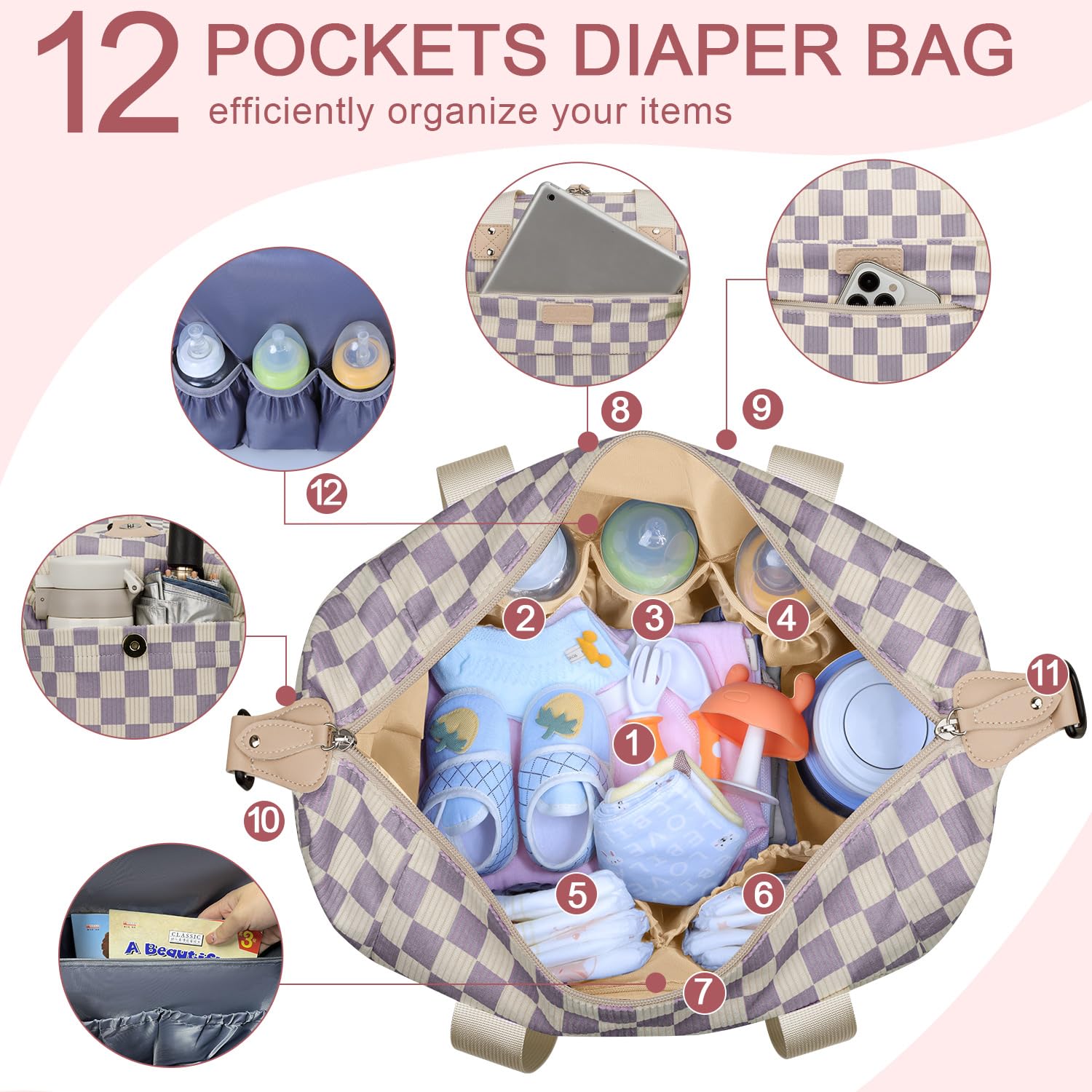 Pritent Diaper Bag Tote Waterproof Maternity Baby Bags with Pacifier Case | M-Black,Removable Shoulder Strap, Stroller Clips,Insulated Pocket,for Mom & Dad, Travel, Maternity, Labor and Delivery