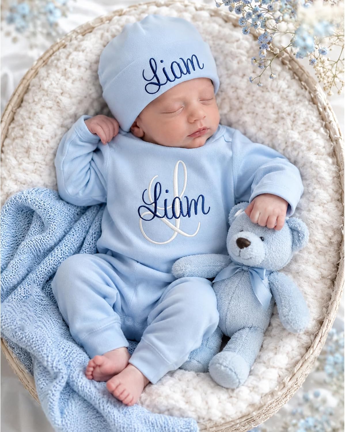 Custom Name Baby Romper Bodysuit Set Personalized Embroidery Newborn Coming Home Outfit with Hat, Soft Cotton Infant Sleepwear for Baby Shower Pregnancy Reveal