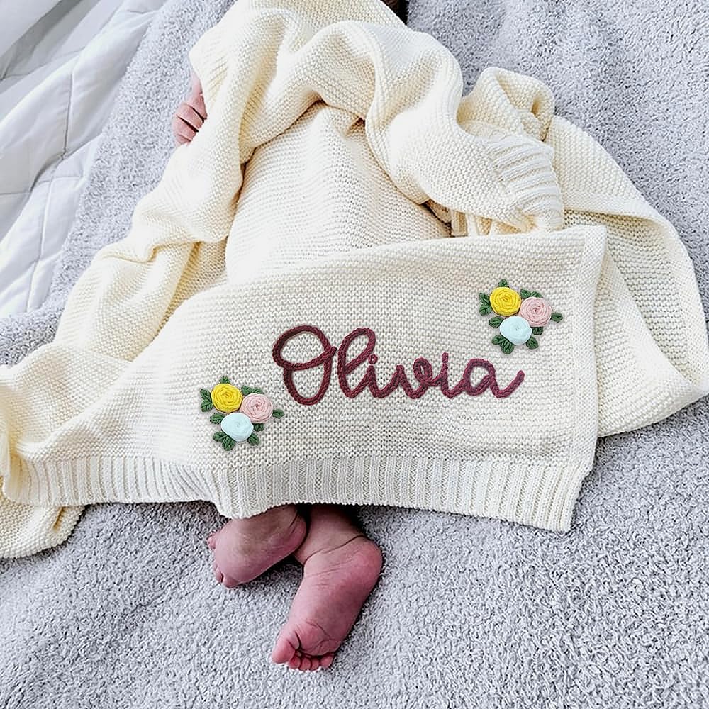 Luxury Personalized Name Baby Blanket, Hand-Embroidered Name Baby Blanket, Soft Breathable Cotton Knit Kids Blankets, Newborn Kid Gift, New Mom Gifts, Newborn Kids Girl & Boy Gift 10