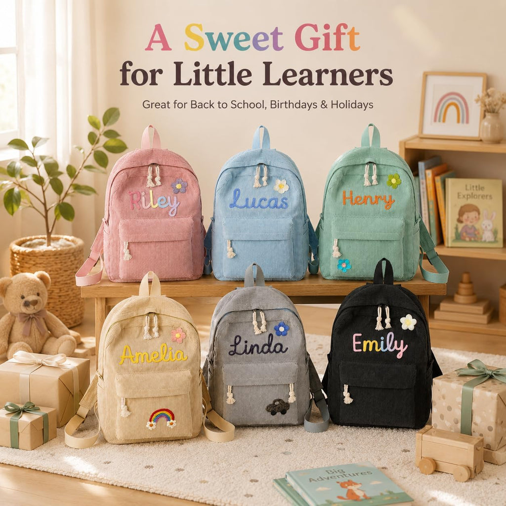 Personalized Kids Backpack, Custom Corduroy Backpack with Cotton Rope Name | Toddler Backpack for Girls Boys, Daycare Preschool Kindergarten Bag, Optional Lunch Bag & Pencil Case, Back to School Gift
