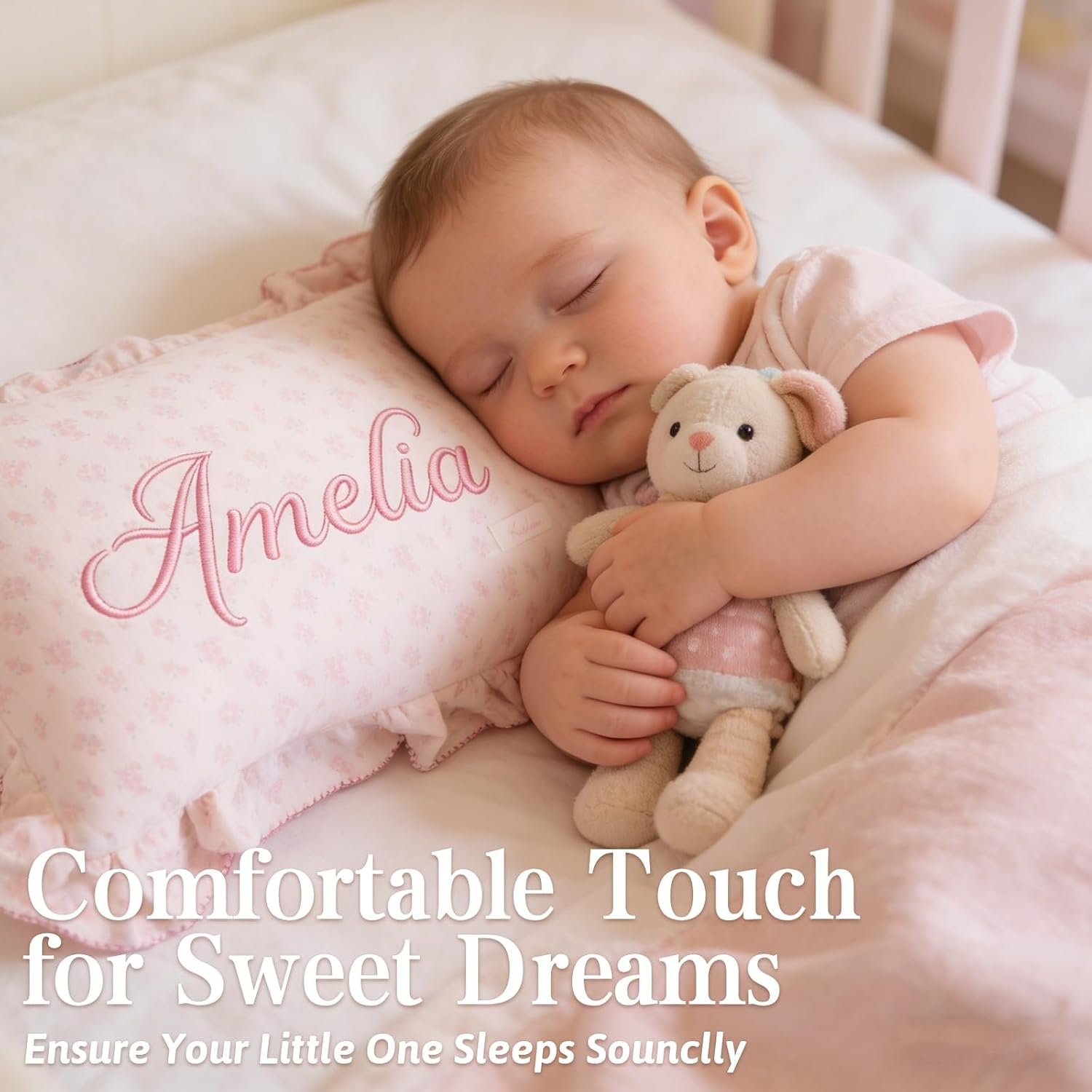 Personalized Embroidered Muslin Toddler Pillowcase with Custom Name | 100% Cotton Ruffle Edge Baby Pillows Cover, Monogram Soft Pillow Case 12"x20" with Envelope Closure Gifts for Kids Boy Girls