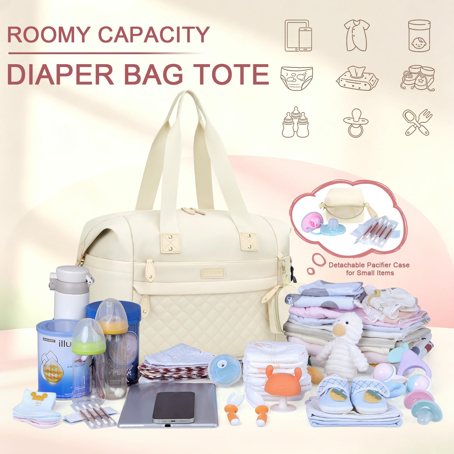 Pritent Diaper Bag Tote Waterproof Maternity Baby Bags with Pacifier Case | M-Black,Removable Shoulder Strap, Stroller Clips,Insulated Pocket,for Mom & Dad, Travel, Maternity, Labor and Delivery